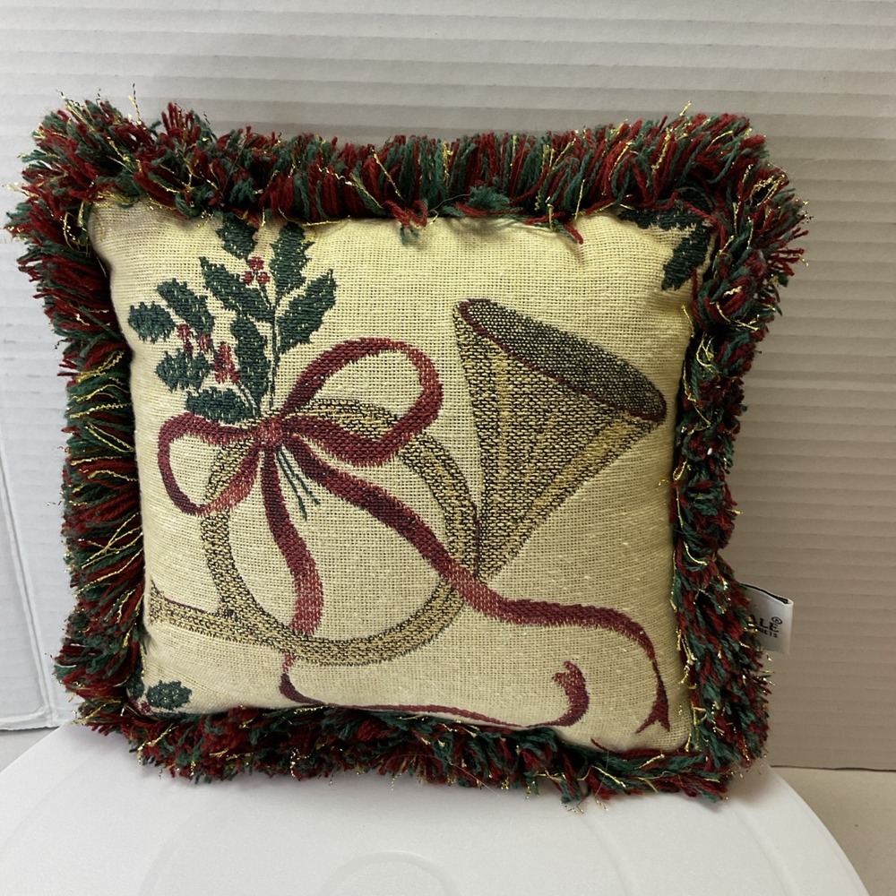 Vtg Christmas Tapestry Fringe‎ Throw Pillow Riverdale w/French Horn 9x8
